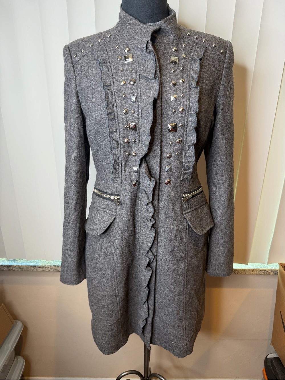 Boston Proper jacket grey wool blend featuring silver studded detailing Size 8